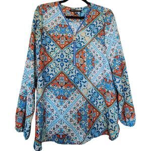 ZAC & RACHEL Mosaic Zip Up Boho Tunic Womens L Colorful Loose-Fitting Flattering